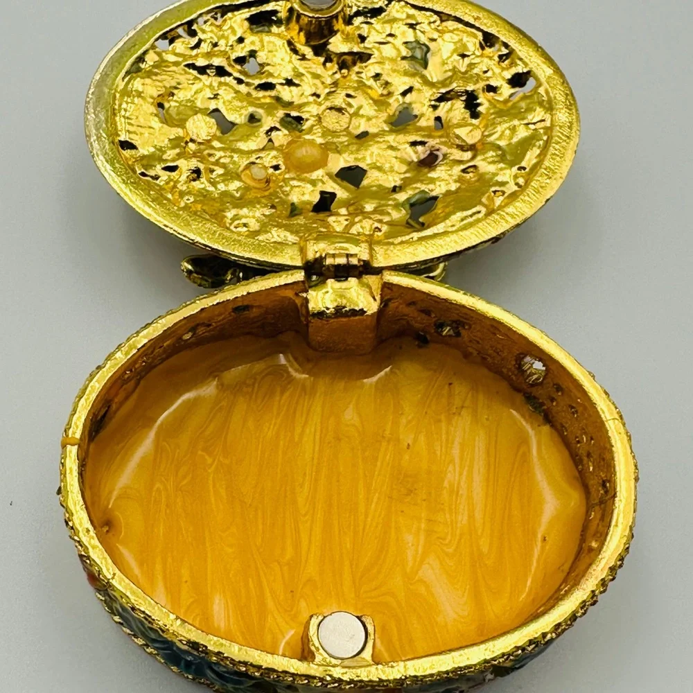 Gold & Multicolored Oval Butterfly & Flowers Rhinestone Trinket Jewelry Box
